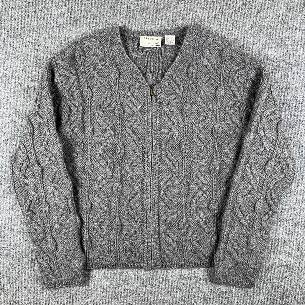 Vintage Preview Cardigan Sweater Womens XS Gray Cable Knit 100% Wool Zip Up 90s